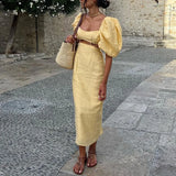 MQTIME  -  Elegant Solid Square Collar Holiday Long Dress Women Puff Sleeve Party Dress Lady 2025 Hollow Waist High Street Summer Dress
