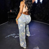 MQTIME  -  Spring New Floral Graffiti Print Ripped High Waist Loose Straight Jeans