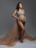  MQTIME  -  Maternity Photography Sexy Goddess V Neck Rhinestones Pearls Luxurious Stretch Jumpsuits Dress For Photo Shoot Props