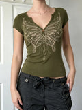  MQTIME  -  Streetwear Casual Butterfly Print V Neck Short Sleeve Slim Knitted All Match T-shirts