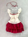 MQTIME  -  Summer Sweet Patchwork Two Piece Set Women Ruffle Lace Tops + Red Pleated Mini Skirt Suit Korea Kawaii Design Bow Cute Outfits