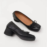 MQTIME  -  Fashion Square toe Bowknot Soft Leather Women Pumps Spring Summer Ballet Style Thick High heels Casual Chunky Loafer Shoes