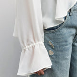  MQTIME  -  Autumn and Winter New Style Sense of Advanced Minority Unique Drawstring Frenum White Blouse See-through Top Women Tops