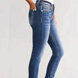  MQTIME  -  Women's dark blue slim fit elastic low waist classic style fashionable women's denim trousers