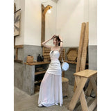  MQTIME  -  Bowknot-tied Lace Camisole with Net Yarn Patchwork and a Body-hugging Half Long Skirt