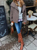 MQTIME  -  Women's Brown Plaid Print Stand Collar Asymmetric Button Front Jacket With Long Sleeves Casual Outerwear 2025 Autumn Lady Coat