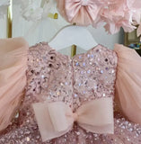 MQTIME  -  Pink Lovely Flower Girl Dresses for Wedding Bow Sequins Knee Length Child Birthday Party Bow First Communion Gowns