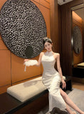 MQTIME  -  Woman Dress Vintage Sleeveless Stand Collar Elegant Slim Split Summer Fashion Temperament Ladies Party Dress Ladies
