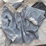 MQTIME  -  New Girl Long-sleeve Pant Pajama Set Spring Autumn Women Lady Lace Plaid Loungewear Casual 2-piece Set Woman Loose Homewear Teen