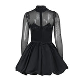 MQTIME  -  Women Puffy Pleated Empire Female Mini Dress 2025 Evening Sexy Party Lady Vestidos Elegant Lace See Through Patchwork Dresses