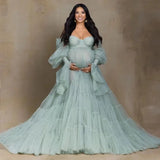 MQTIME  -  Elegant Tulle Maternity Dress for Photoshoot Ruffle Puff Sleeves Bridal Robe Maternity Gowns Green Pregnancy Photography Dresses