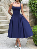 MQTIME  -  Summer New French Square Neck Women Elegant Strap Dress Simple Solid Color Female Banquet Grand Display Long Dresses