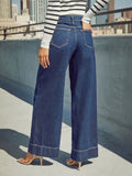  MQTIME  -  Women's Classic Blue High Rise Wide Leg Jeans - Stretch Jeans with Button Fly, Soft and Comfortable, Slim Fit Vintage Wash Jeans