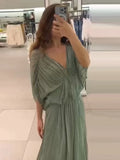 MQTIME  -  Pleated Elegant Summer Long Dress Women Batwing Sleeve Deep V-neck High Waist Street Thin Dresses Vacation 2025 New Slim Robe