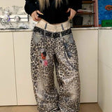  MQTIME  -  Leopard Print Jeans Women Loose Straight Wide Leg Mopping Trousers Baggy Jeans