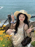 MQTIME  -  Sweet Young Lady Summer Bud Dress Fashion Printing Women's Strap Dress High Waist Sleeveless Female Floral Dress Holiday Clothes
