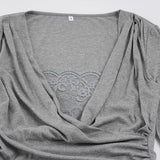  MQTIME  -  Women's Sexy Deep V Neck Wrap Top Lace Trim Long Sleeve Blouse Casual Slim Fit Ruched Tunic Shirt Elegant Bell Sleeve Early Fall