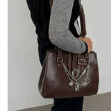 MQTIME  -   Sweet Cool Brown Shoulder Bags Purse Women High Street Leather Chain Handbag Ladies Moto Biker Casual The Tote Bag Y2k