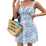 MQTIME  -  Elegant V-Neck Sleeveless Midi Dress with Ruffle Hem and Floral Print for Beach Wedding Party Casual Wear
