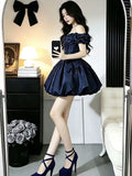 MQTIME  -  Elegant Princess Navy Blue Off Shoulder Puff Sleeve Corset Bow Bubble Hem Mini Dress Women For Banquet 18th Birthday Prom Party