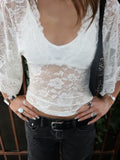 MQTIME  -  Y2k Lace Patchwork V Neck Short Sleeve Sheer Slim Sexy All Match Top Female