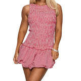 MQTIME  -  Elegant Floral Print Sleeveless Dress with Ruffled Hem Perfect for Summer Parties and Beach Club Outings