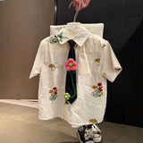 MQTIME  -  Boys' Suit Spring and Summer New Children's Clothes Boys' Baby Sunflower Tie Shirt Jeans Five Minute Pants Two Sets