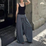 MQTIME  -  Women Grey Multi Strap Wide Waistband Pleated Trousers Wide Leg Double Drawstring Spring Summer Loose Baggy Casual Long Pants