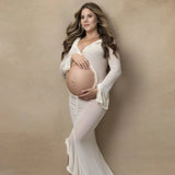 MQTIME  -  Maternity Dresses Photoshoot Outfit Long Sleeve Ruffle Showing Belly Baby Shower Dress Woman Pregnancy Clothes Photography Party