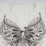  MQTIME  -  Streetwear Casual Butterfly Print V Neck Short Sleeve Slim Knitted All Match T-shirts