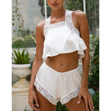MQTIME  -  Women 2Pcs Floral Lace Trim Patchwork Satin Silk Pajamas Set Cross Backless Cami Tops+Shorts Sleep Loungewear Outfits