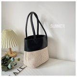 Mqtime New Woven Vegetable Basket Retro Women's Bag Small Design Spliced Grass Woven Bag Hand Bill of Ladle Shoulder Underarm Bag