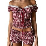 MQTIME  -  Women Summer y2k Coquette 2 Piece Set Outfits Plaid Print V Neck Short Sleeve Crop Tops Ruffles Shorts Fairycore Clothes