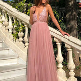 MQTIME  -  Fashion Sequined Patchwork Waist Solid Long Dress Sexy Sleeveless Split Gowns Dress Lady Elegant Deep V-neck Evening Party Dress