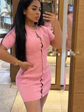 MQTIME  -  Gold Button Pocket Knitted Short Dresses Solid Color Round Neck French Simple Slimming Fashion Single Breasted Straight Dress