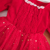 MQTIME  -  0-5Y Toddler Kids Girls Christmas Dress Long Flare Sleeve Lace Sequins Stars Moon Layered Tulle Party Dress Headband