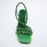 Mqtime Summer Satin Square Head Open Toe Beaded High Heel Sandals with Crystal Rhinestore Solid Narrow Band Winding Belt Womens Shoes
