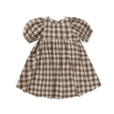  MQTIME  -  Vintage Brown Plaid Girls' Bubble Sleeved Dress Summer New Cute Baby Girl Round Neck Waist Pleated Loose Dresses