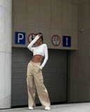  MQTIME  -  Autumn Women's Elastic Waist Low Waist Wide Leg Cargo Trousers Straight Khaki Long Casual Pants Female Fashion Streetwear Capris