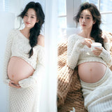 MQTIME  -  Women Maternity Dress for Photography White Elegant Knitted One-shoulder Pregancy Top Skirt for Studio Photo Shoot Clothing