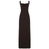 MQTIME  -  Elegant Backless Maxi Dress Women Brown Cowl Neck Sleeveless Bodycon Floor Length Evening Party Vacation Resort Fashion Gown