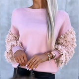 MQTIME  -  Fashion Winter Long Sleeve Solid Temperament Sweater Elegant Crew-neck Office Pullover Women's Stitching Sequins Knit Jumpers