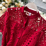 MQTIME  -  Summer New Mid Length Dress Women Dresses A Line Vestidos Hollow Out Round Neck Short Sleeve Single Breasted Elegant High Waist