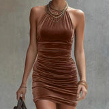  MQTIME  -  European and American Style Sleeveless Velvet Fashionable Slim Body Halter Neck Dress