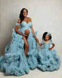 MQTIME  -  Blue Tulle Maternity Gown Mother and Daughter Photoshoot Dress Long Fluffy Pregnancy Ruffled Photography Dresses