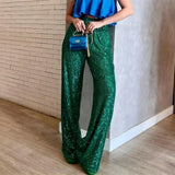  MQTIME  -  Women Sequin Wide Leg Pants Stretchy High Waist Loose Straight Trousers Club Party Elegant Long Pants Streetwear