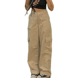 Mqtime Cargo women retro loose fashion wide-leg pants large pockets high-waist straight leg pants women's street baggy cargo pants