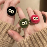 Mqtime Cute Cartoon Eye Plush Ball Ring 2024 Autumn Winter Fashion Design Korean Funny Fluffy Finger Ring Female Jewelry Wholesale