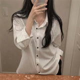 MQTIME  -  Korean Fashion Office Lady Blouse Pinstriped Printing Long Sleeves Casual Design Lady Shirts  Loose Long Sleeves