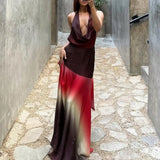 MQTIME  -  Sexy Halter Sleeveless Gradient Long Dress Elegant Swinging Collar Pleated Evening Dresses Temperament Backless Lace Up Dresses